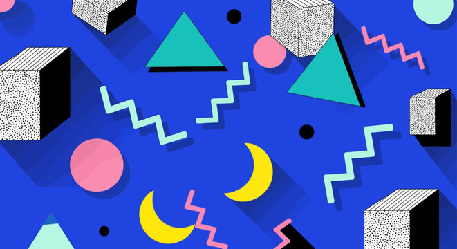 retro 80s memphis style pattern with geometric shapes and 3d objects on blue