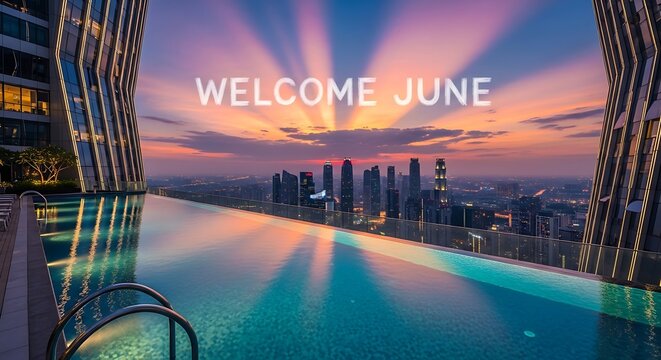 Golden hour cityscape with welcome june text overlay.