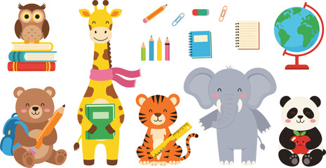 Cute school animal cartoon vector illustration set featuring giraffe elephant panda tiger owl and bear with education supplies © MdNazmul