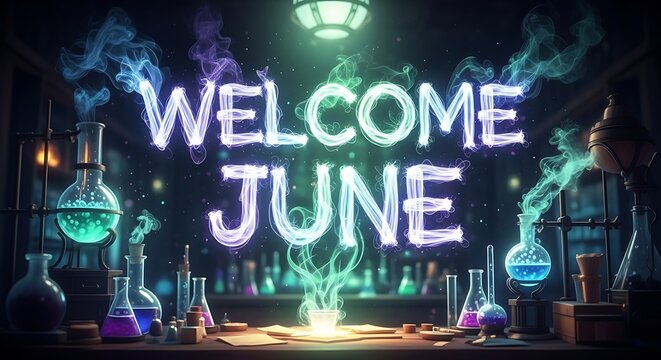 Welcome June fantasy landscape with glowing neon text and magical elements.
