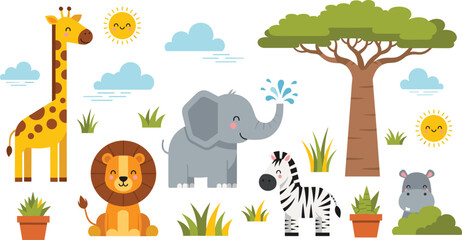 Cute safari animal cartoon vector illustration set featuring giraffe elephant lion zebra and hippo with African savanna landscape © MdNazmul