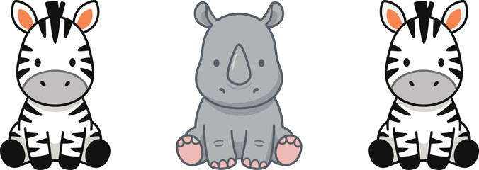 Cute safari animal cartoon vector illustration set featuring zebra and rhinoceros baby characters isolated wildlife collection © MdNazmul