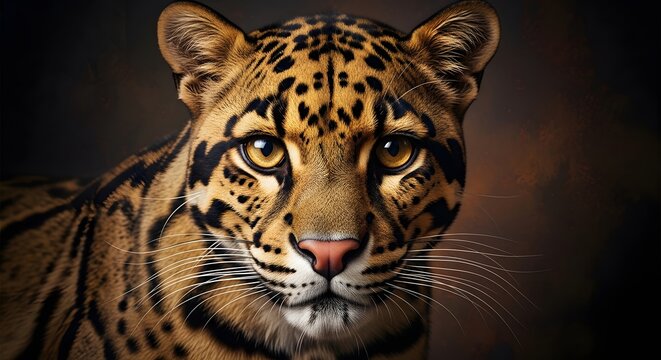 Frontfacing portrait of a majestic clouded leopard with striking golden eyes and intricate dark coat markings