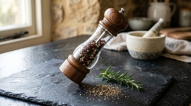 Wooden pepper mill on a slate board with rosemary and scattered peppercorns on a kitchen counter
