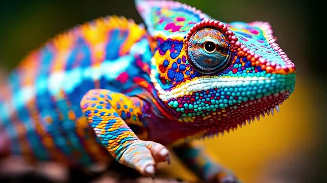 A vibrant, colorful chameleon in close-up, showcasing its intricate scales and bright colors.
