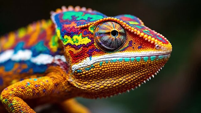 Close-up of a vibrant, colorful chameleon with intricate scale patterns.