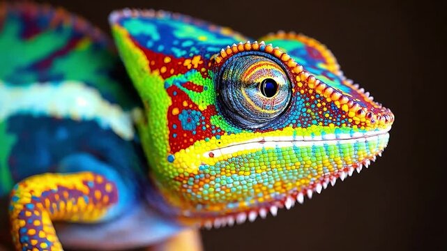 Close-up of a vibrantly colored chameleon with detailed scales and eye.