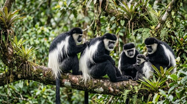Family of black and white Colobus monkeys grooming in the canopy