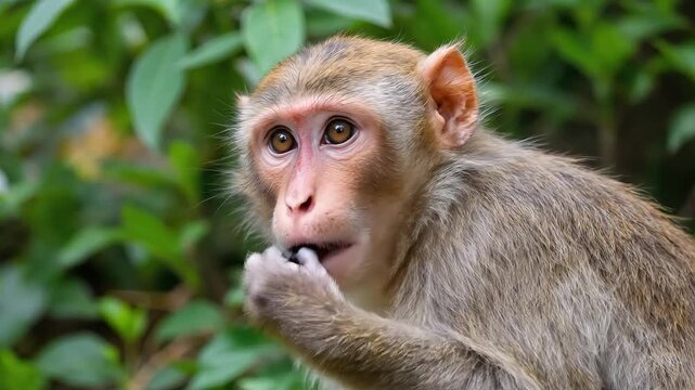 Close-up portrait of a young monkey with curious eyes and pink face.