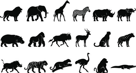 African safari wildlife animals black silhouette set collection vector illustration isolated on plain white background © Limon