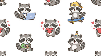Cute raccoon cartoon seamless pattern vector illustration featuring funny woodland animal characters with laptop skateboard coffee and heart © MdNazmul