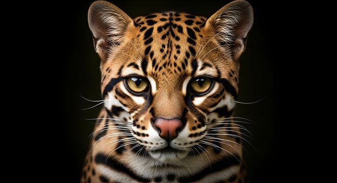 Closeup portrait of an ocelot with striking eyes and spotted fur