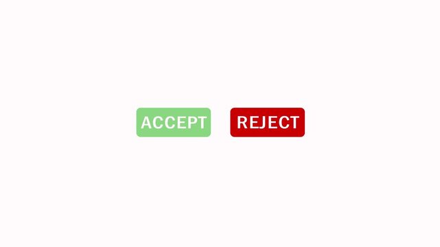 Click on Reject button with computer arrow cursor. Mouse cursor clicking Accept Reject button icon animation on white background. Clicking on Reject button with mouse cursor loop animation