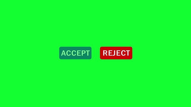 Click on Reject button with computer arrow cursor. Mouse cursor clicking Accept Reject button icon animation on green background. Clicking on Reject button with mouse cursor loop animation