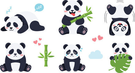Cute panda cartoon vector illustration set featuring adorable pandas sleeping eating bamboo playing and holding tropical leaf © MdNazmul
