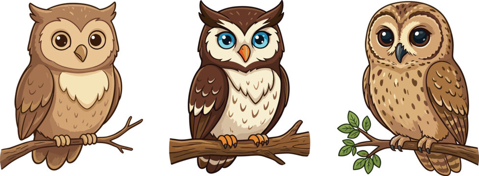 Cute owl cartoon vector illustration set featuring adorable woodland owls perched on tree branches isolated bird collection