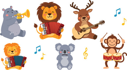 Cute musical animal cartoon vector illustration set featuring lion deer monkey hippo and koala playing instruments © MdNazmul