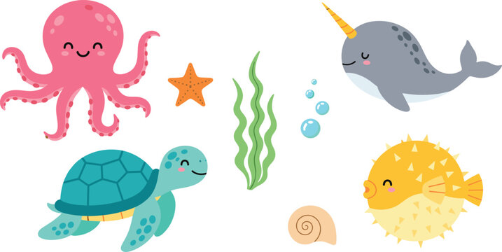 Cute ocean animal cartoon vector illustration set featuring octopus turtle narwhal and puffer fish isolated marine collection