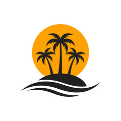 Obraz premium Minimalist tropical island logo with palm trees and ocean wave vector