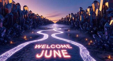 Scenic mountain road with welcome June text overlay at dusk.