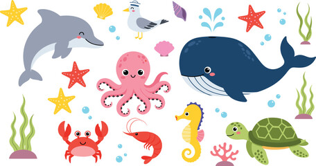 Cute ocean animal cartoon vector illustration set featuring whale dolphin octopus turtle crab seahorse and underwater sea creatures © MdNazmul