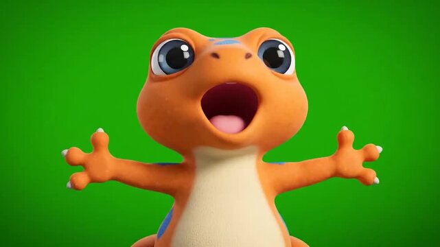 A happy gecko cartoon character with wide eyes and open arms in a gecko animation, set against a vibrant green