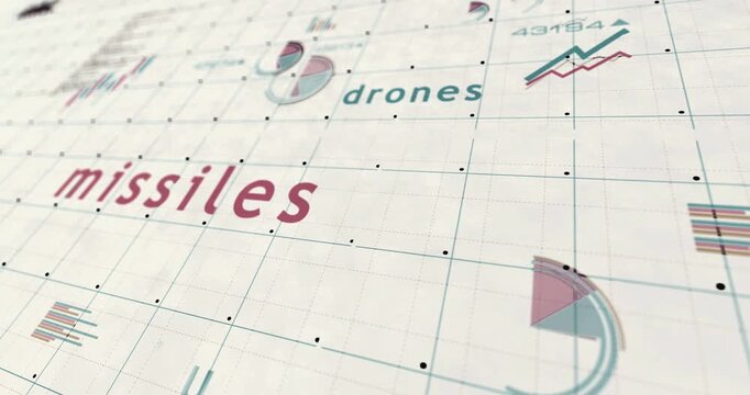 Missiles drones charts and graphs colorful diagram on paper 3d concept animation