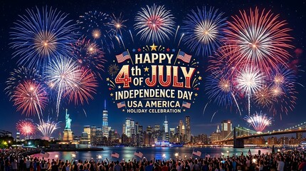 Happy fourth of July with fireworks over New York City skyline featuring Statue of Liberty and Brooklyn Bridge.