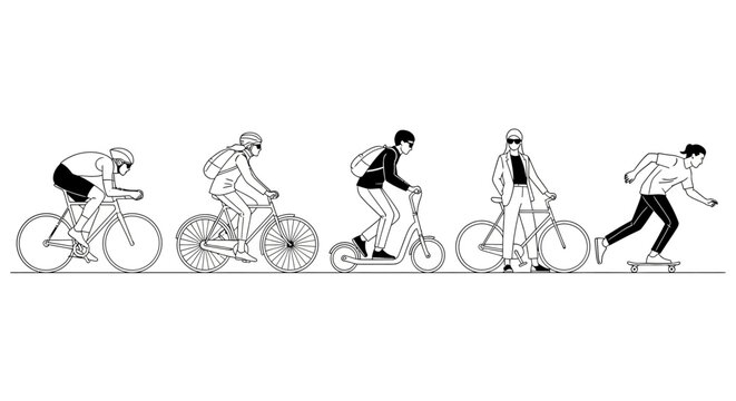 diverse people using various modes of transport for active urban commuting