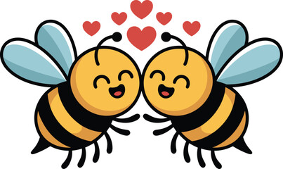 Fototapeta premium Cute love bee cartoon vector illustration featuring happy kissing honey bees with hearts isolated kawaii romantic design