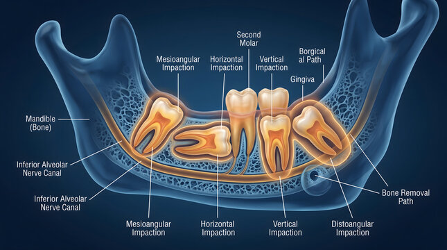 Wisdom tooth impaction types in human mandible anatomical diagram