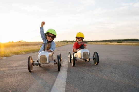 The kids racing vintage pedal cars on an open road at sunset