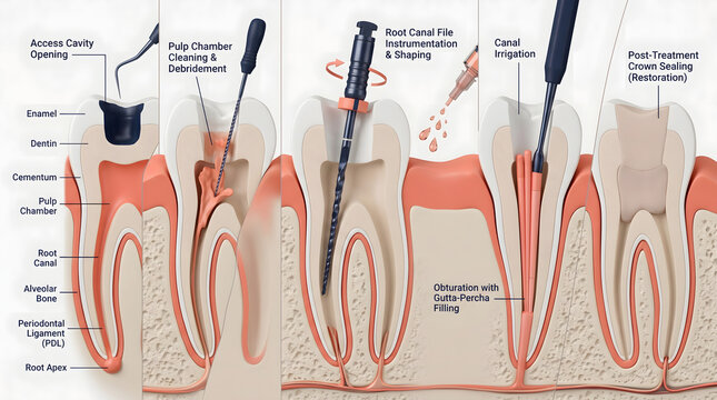 Detailed endodontic procedure steps for dental root canal therapy