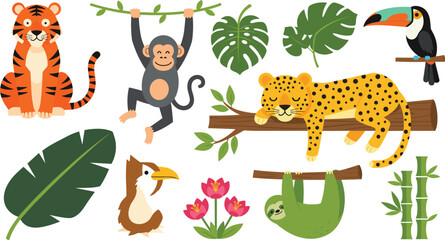 Cute jungle animal cartoon vector illustration set featuring tiger monkey leopard sloth toucan and tropical rainforest wildlife © MdNazmul