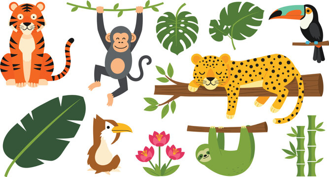 Cute jungle animal cartoon vector illustration set featuring tiger monkey leopard sloth toucan and tropical rainforest wildlife