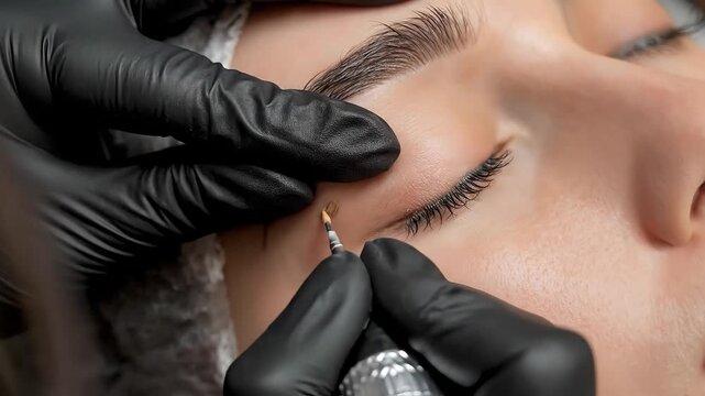 Applying permanent eyeliner with a cosmetic tattoo machine for beauty enhancement.