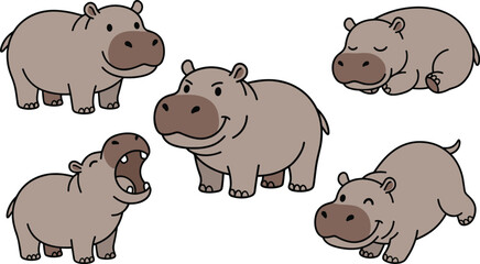 Cute hippopotamus cartoon vector illustration set featuring adorable hippo poses isolated safari wildlife collection © MdNazmul
