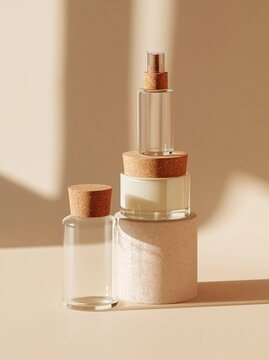 Three generic blank beauty bottles stacked with cork lids on a light beige surface, showcasing a minimalist design suitable for cosmetic or skincare products