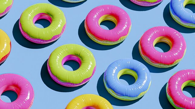 Doughnut-shaped swim rings float on a blue surface.