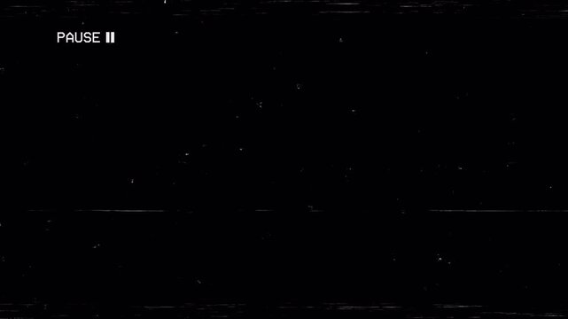 Vcr vhs pause overlay with grainy black screen tv static and white icon. Suitable for retrothemed video projects or 80s nostalgia visuals. 4K - Alpha Channel