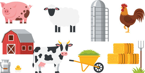 Cute farm cartoon vector illustration set featuring pig cow sheep rooster barn silo and countryside farming elements © MdNazmul