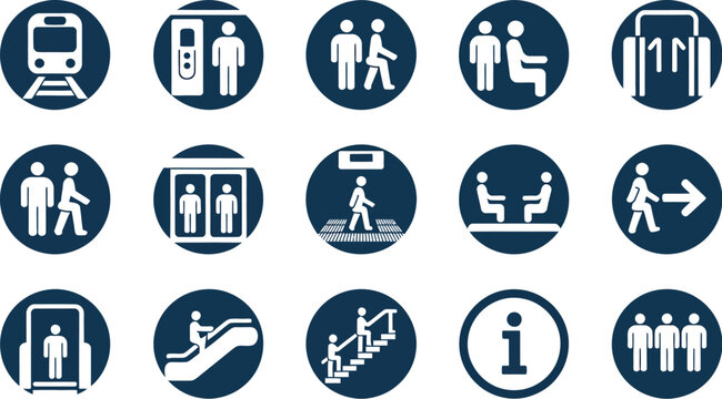 Train station KRL icon set vector, blue circle transit wayfinding pictograms for public transportation symbols and navigation design.