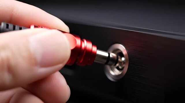Closeup of a hand inserting a red audio cable into a black device.