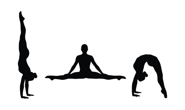 Gymnastics Silhouette Set &mdash; Handstand Split Backbend and Meditation Flexible Female Figure Black Vector Illustrations
