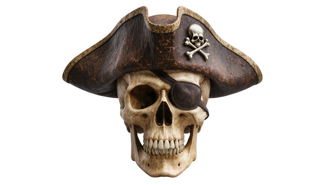 Pirate skull with weathered tricorn hat and eye patch