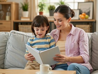 Obraz premium Mother and daughter reading book together on sofa at home