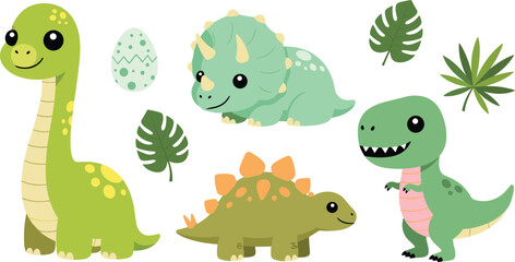 Cute dinosaur cartoon vector illustration set featuring brontosaurus triceratops stegosaurus and tyrannosaurus isolated prehistoric collection © MdNazmul