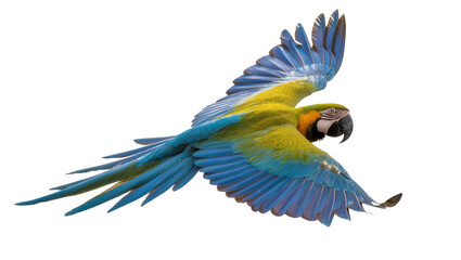 Blue and yellow macaw parrot flying with spread wings © Ari
