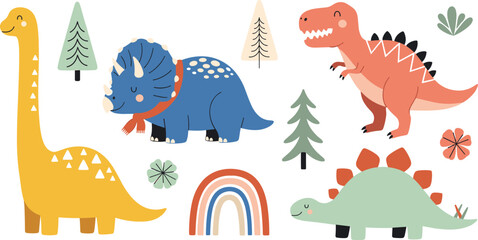 Cute dinosaur cartoon vector illustration set featuring brontosaurus triceratops tyrannosaurus and stegosaurus with rainbow and forest elements © MdNazmul