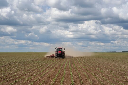 The Tractor Working Through Young Crop Rows Under a Dramatic Cloudy Sky